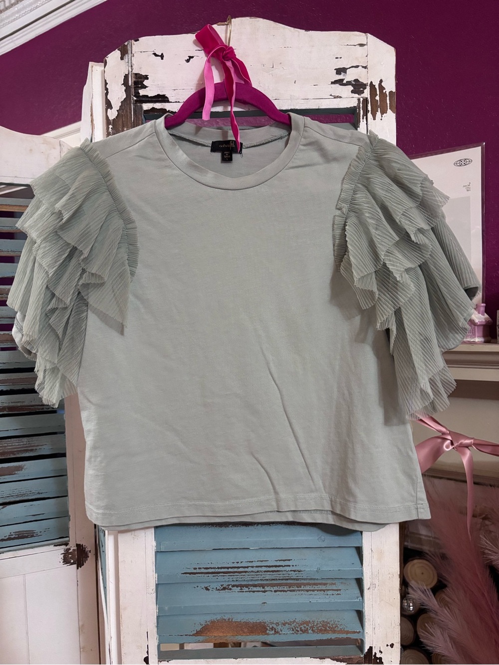 ONTWELFTH Sage Green Pleated Ruffle Sleeve Tee